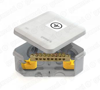 Коробка уравнивания потенциалов (КУП) 100х100х50мм, 6 гермовводов,с шиной 6х9 8 групп, IP55