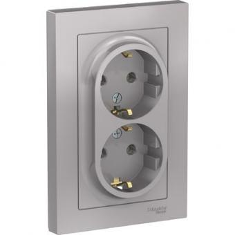 ATN000324 ATLASDESIGN РОЗЕТКА двойная с заземлением, 16А, в сборе,  АЛЮМИНИЙ